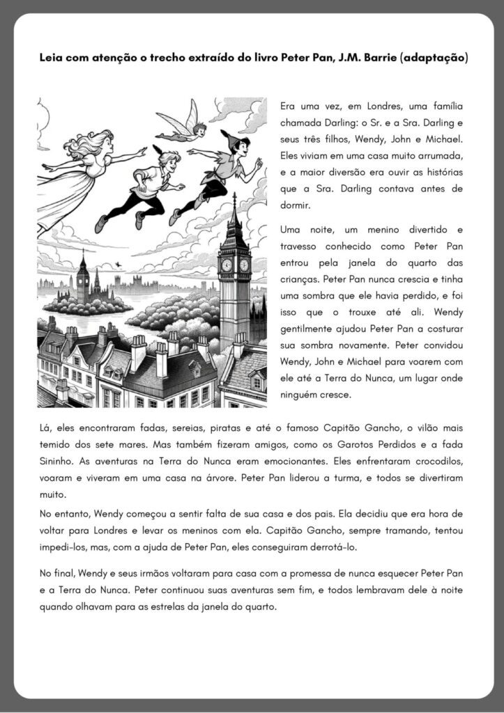 Atividades de interpretação de texto sobre o livro Peter Pan (parte 1) 