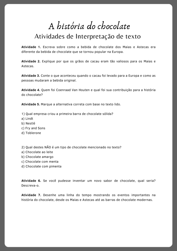 Atividades de interpretação de texto informativo chocolate (parte 2)