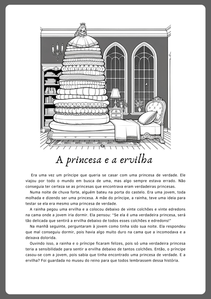 Atividades de interpretação de texto inspirada no conto de fadas A princesa e a ervilha (parte 1)