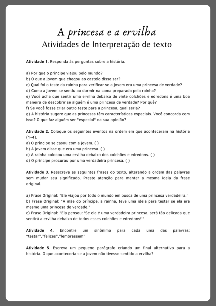 Atividades de interpretação de texto inspirada no conto de fadas A princesa e a ervilha (parte 2)