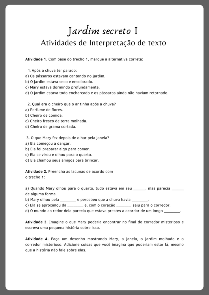 Atividades de interpretação de texto inspirada no livro Jardim Secreto (parte 2)