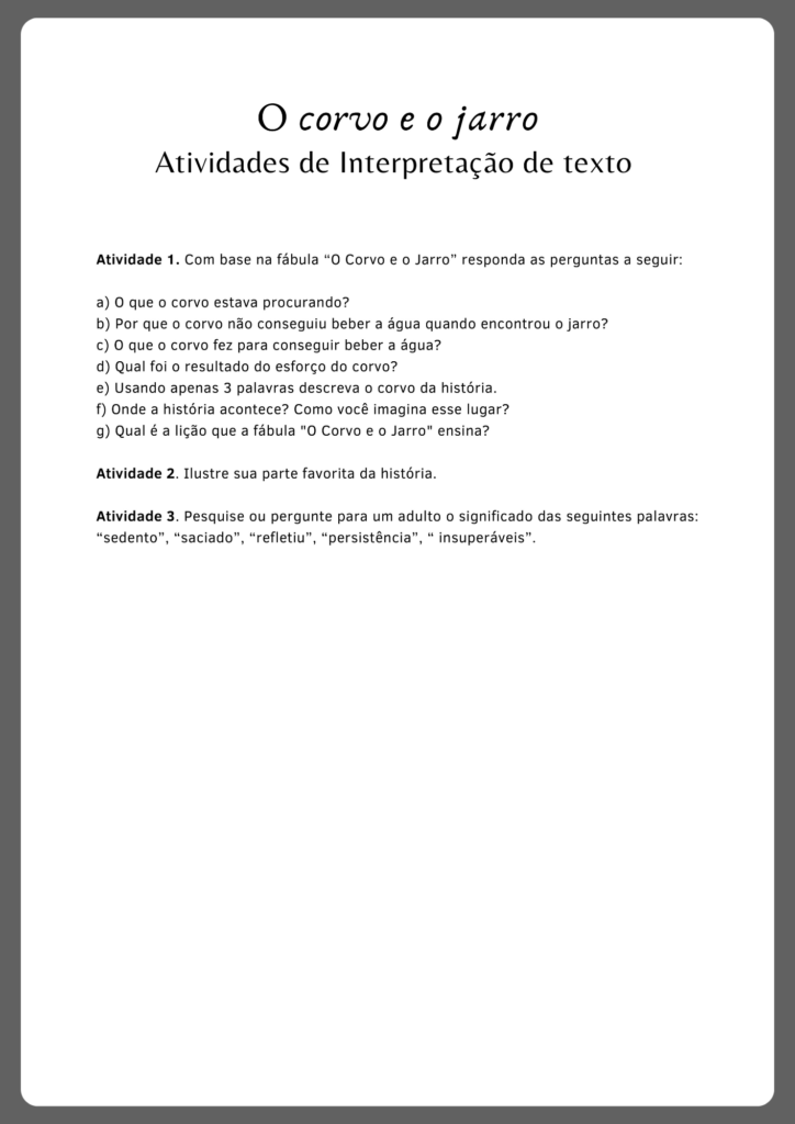 Atividades de interpretação de texto inspirada na fábula O corvo e o jarro (parte 2)