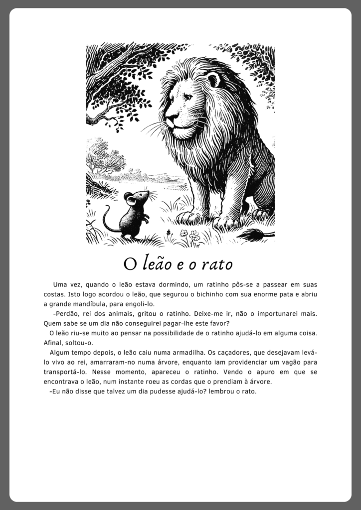 Atividades de interpretação de texto inspirada na fábula O leão e o rato (parte 1)