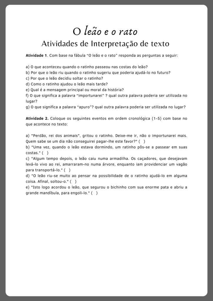 Atividades de interpretação de texto inspirada na fábula O leão e o rato (parte 2)