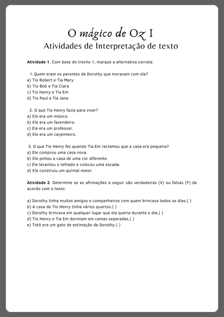 Atividades de interpretação de texto inspirada no livro O mágico de Oz (parte 2)