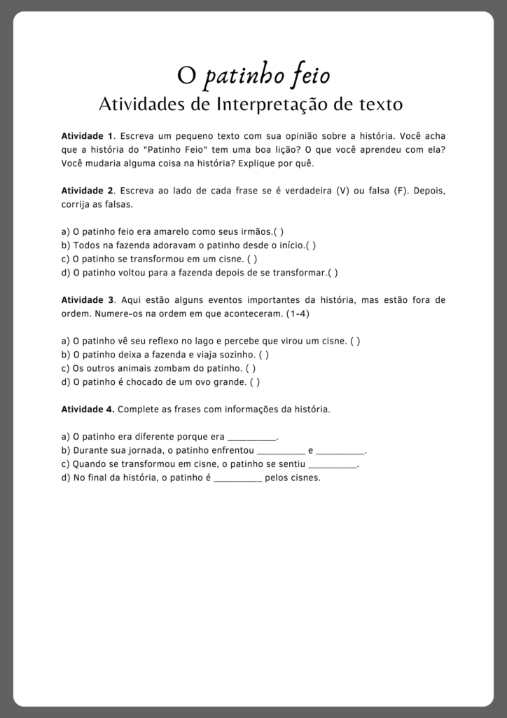 Atividades de interpretação de texto inspirada no conto de fadas O patinho feio (parte 2)