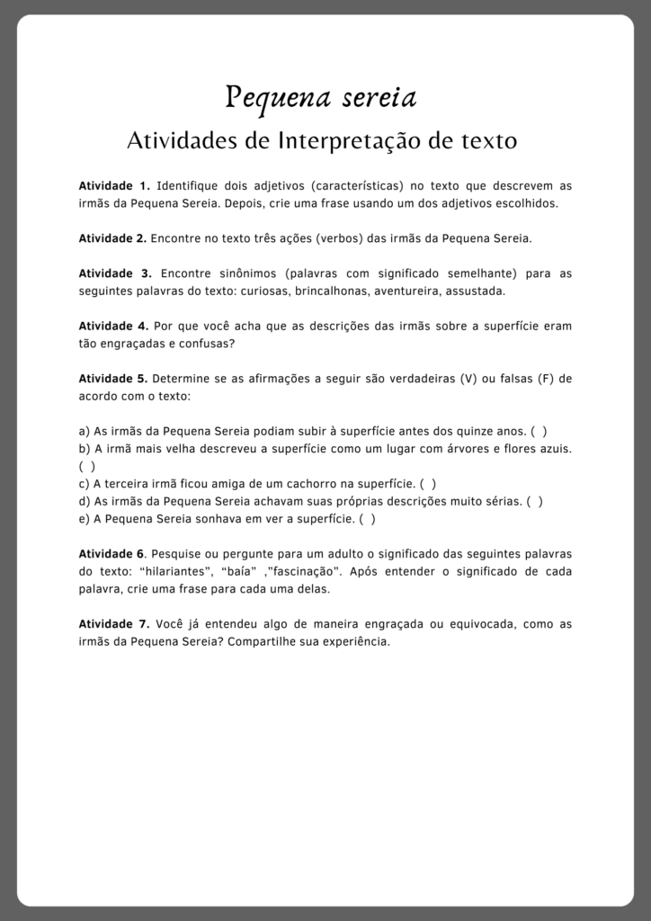 Atividades de interpretação de texto inspirada no conto de fadas Pequena sereia (parte 2)