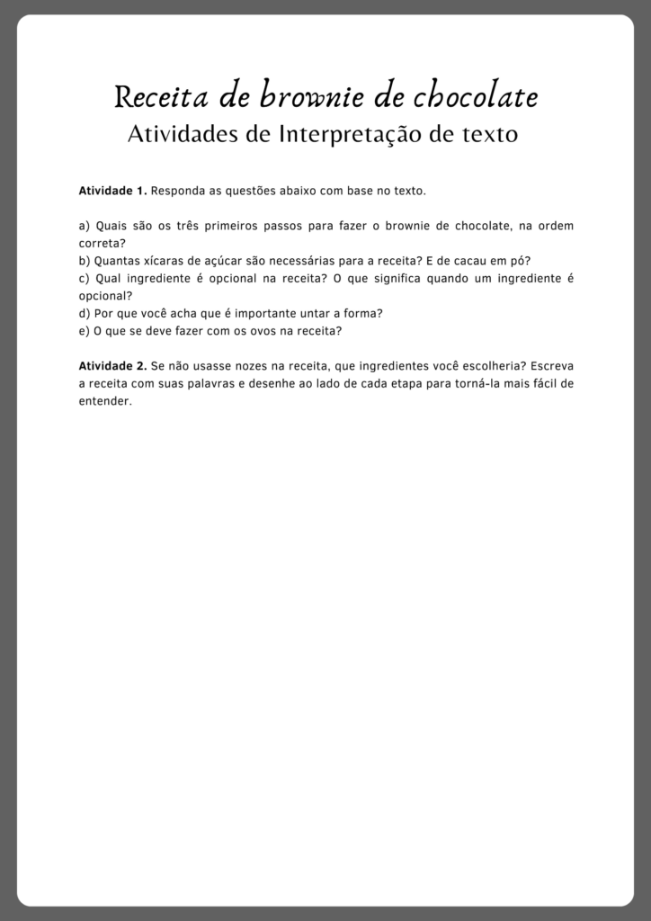 Atividades de interpretação de texto em instruções receita brownie (parte 2)