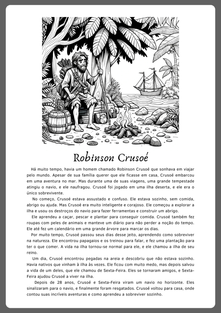 Atividades de interpretação de texto sobre o livro Robinson Crusoé (parte 1)