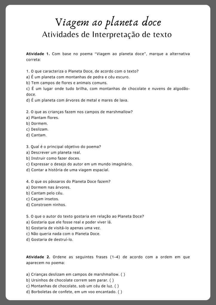 Atividades de interpretação de texto inspirada na poesia Viagem ao planeta doce (parte 2)